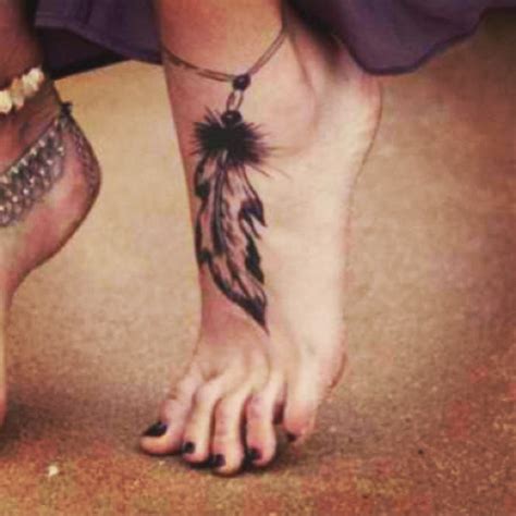 Small watercolor feather tattoo on leg. Black-Ink-Rosary-Feather-Tattoo-On-Girl-Ankle.jpg (612×612 ...