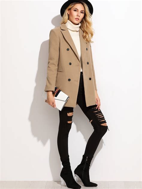 80% polyester, 20% rayon fabric: Camel Double Breasted Coat With Welt Pocket -SheIn(Sheinside)