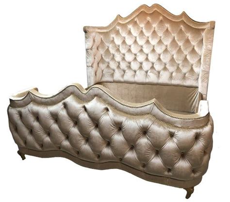 Faux leather upholstered full size bed with tufted headboard, pink. French Bed Tufted Curved Wing Round Footboard California ...