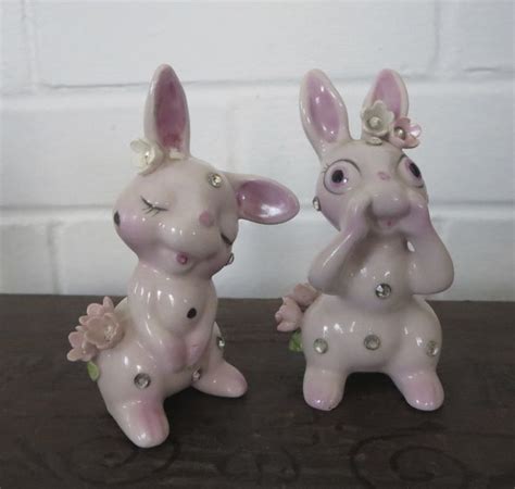 Peter rabbit nursery peter rabbit party royal doulton beatrix potter figurines beatrice potter peter rabbit and friends cuppa tea vintage china tea time. Vintage Pair of Pink Bunny Rabbit Figurines with Foil ...