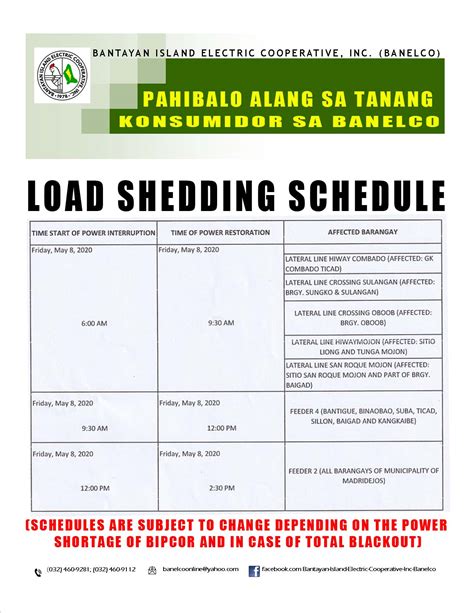 Blackouts and load shedding occur daily across the country. Schedule of Load Shedding - Bantayan Electric Cooperative, Inc