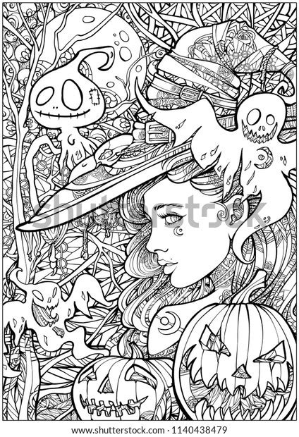 From simple and easy halloween images to elaborate adult designs, we have all of the best printable witch hat cat on pumpkin coloring pages. Coloring Page Adults Witch Surrounded By Stock ...