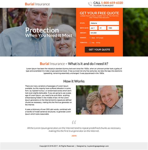 Select from over 20 programs designed to make it easy, affordable, and pain free. burial-insurance-free-quote-resp-lp-005 | Burial Insurance Landing Page Design preview.