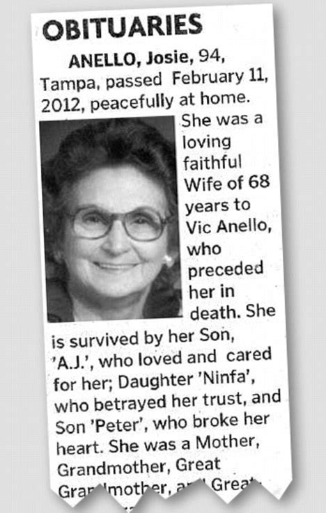 Since the papers on newspapers.com are all fully searchable, you need less information to find a person's obituary than in the past, when you had to look through physical papers or microfilm. Josie Anello: Obituary of 94-year-old woman goes viral ...