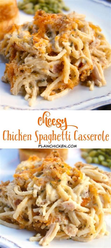Pre heat oven to 350 degrees and place rack in center of oven. Cheesy Chicken Spaghetti Casserole - chicken, spaghetti, cream of chicken soup, sour cream ...