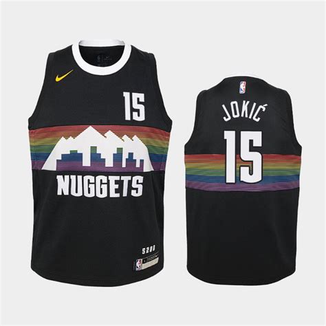The latest model alters the primary colors of two previous designs inspired by the classic rainbow. Youth Denver Nuggets #15 Nikola Jokic Black City jersey
