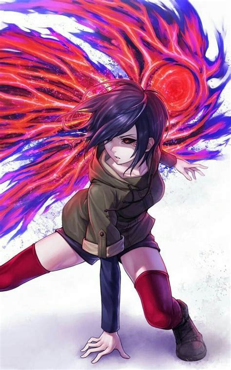 The anime character touka kirishima is a teen with to neck length purple hair and blue eyes. Touka Kirishima-tokyo ghoul art,so cool. #ToukaKirishima # ...